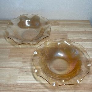2 Jeannette Floragold Ruffled Glass Bowls Marigold Iridescent Large Carnival Vtg